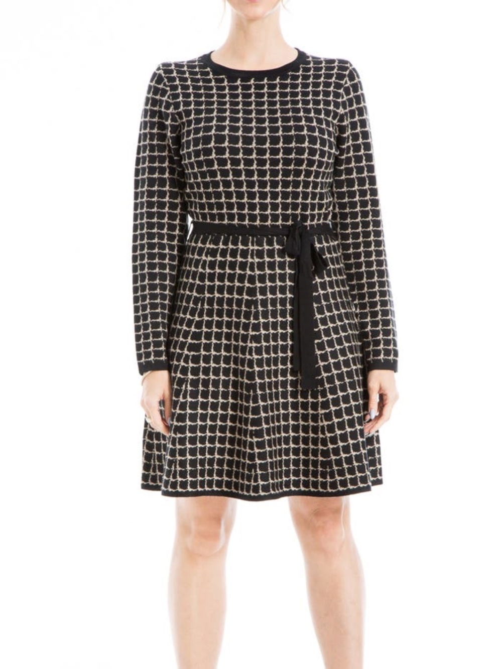 Max Studio Black and Cream Long-Sleeve Knit‎ Fit-and-Flare Dress